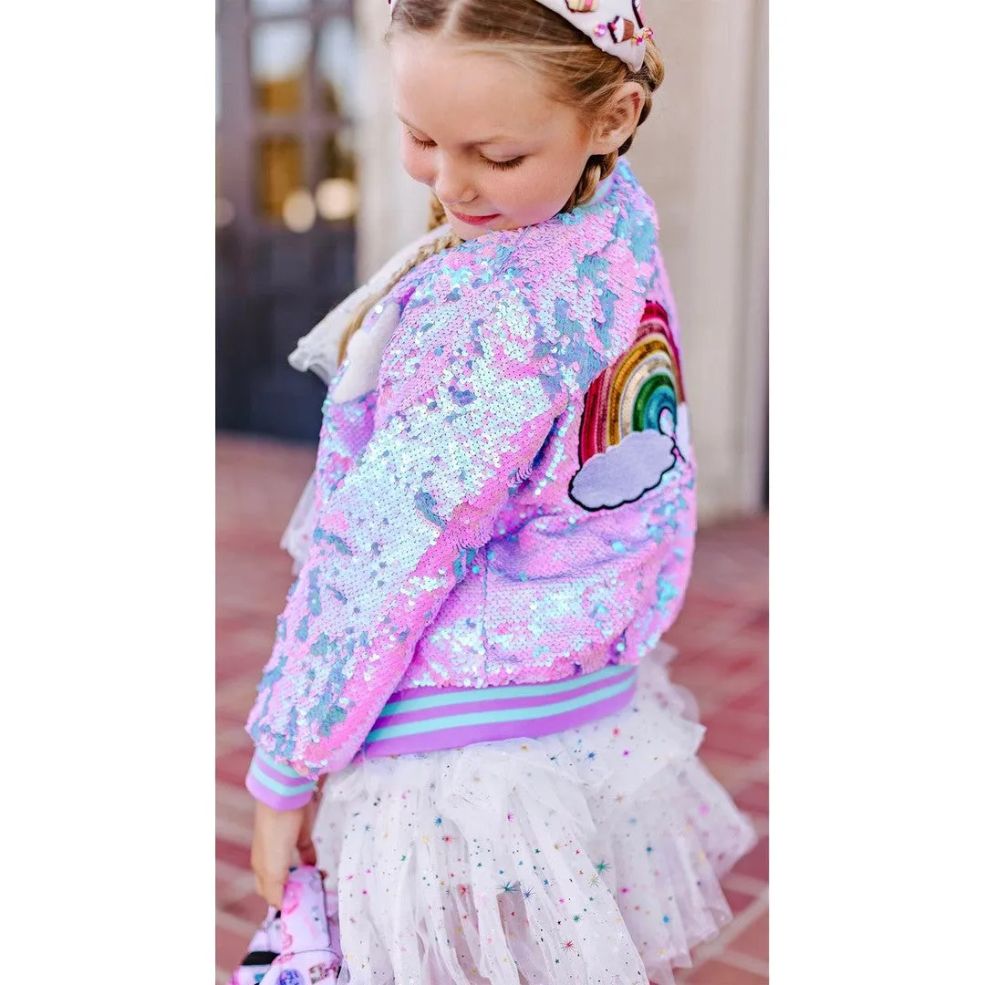 Girls Purple Iridescent Patched Sequins Bomber Jacket