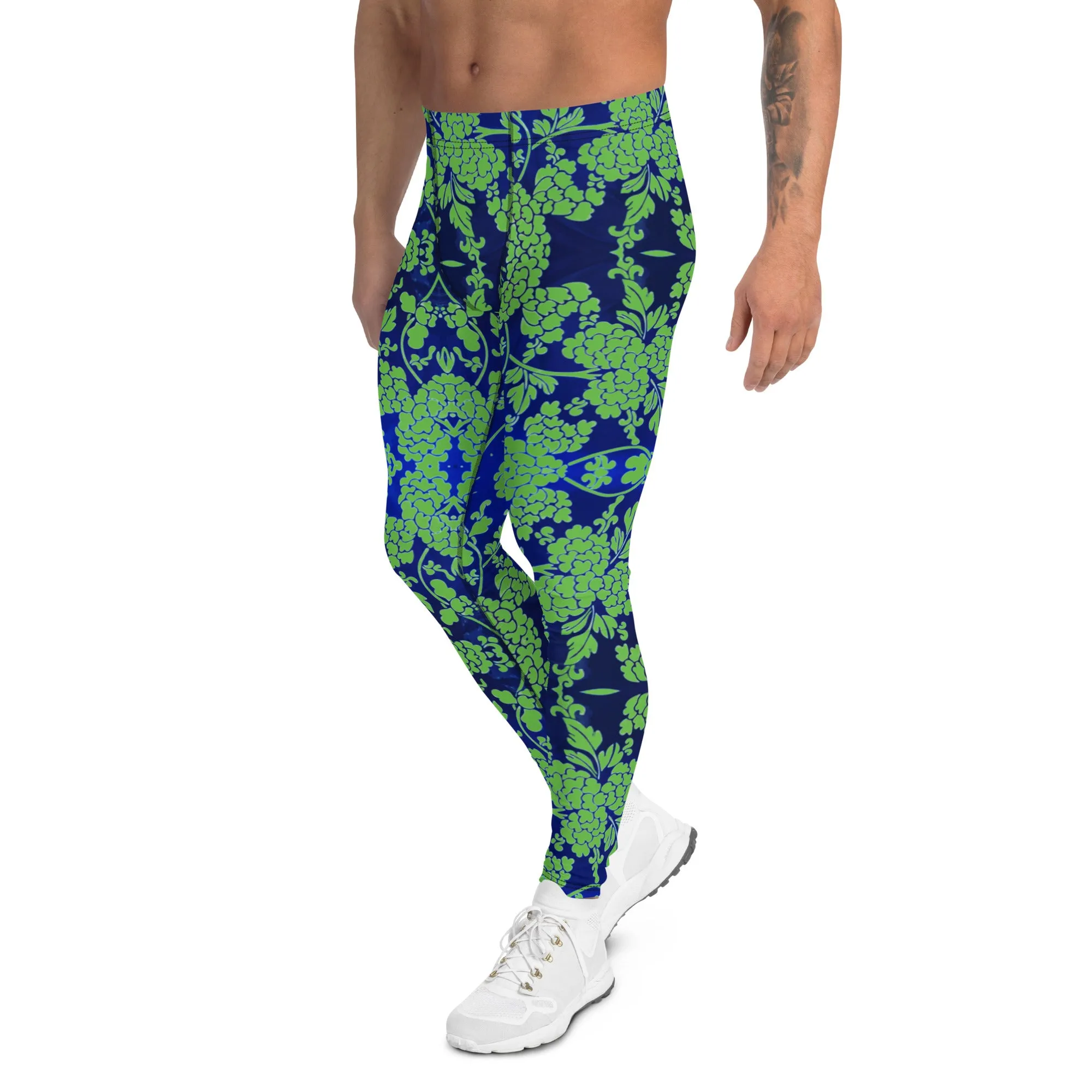 Green Blue Floral Print Megegings, Best Blue and Green Oriental Style Floral Print Meggings Compression Tights - Made in USA/EU/MX