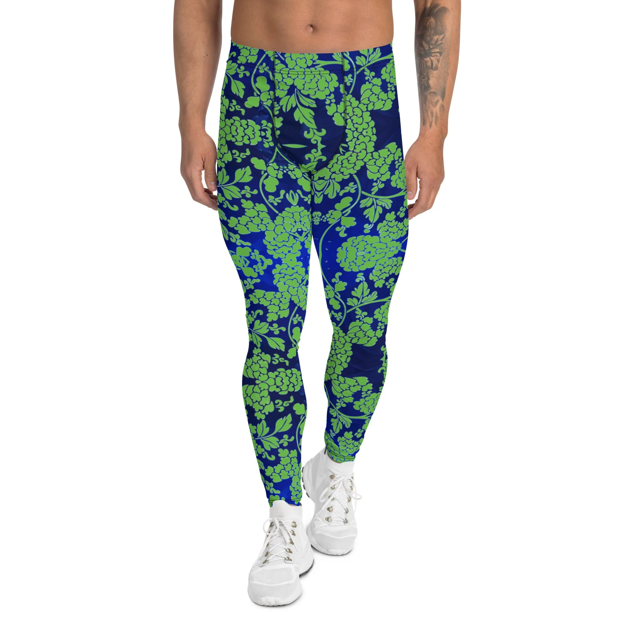 Green Blue Floral Print Megegings, Best Blue and Green Oriental Style Floral Print Meggings Compression Tights - Made in USA/EU/MX