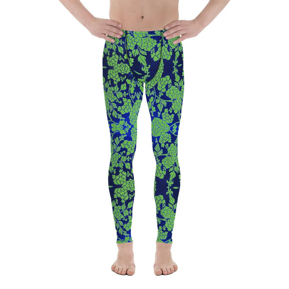 Green Blue Floral Print Megegings, Best Blue and Green Oriental Style Floral Print Meggings Compression Tights - Made in USA/EU/MX
