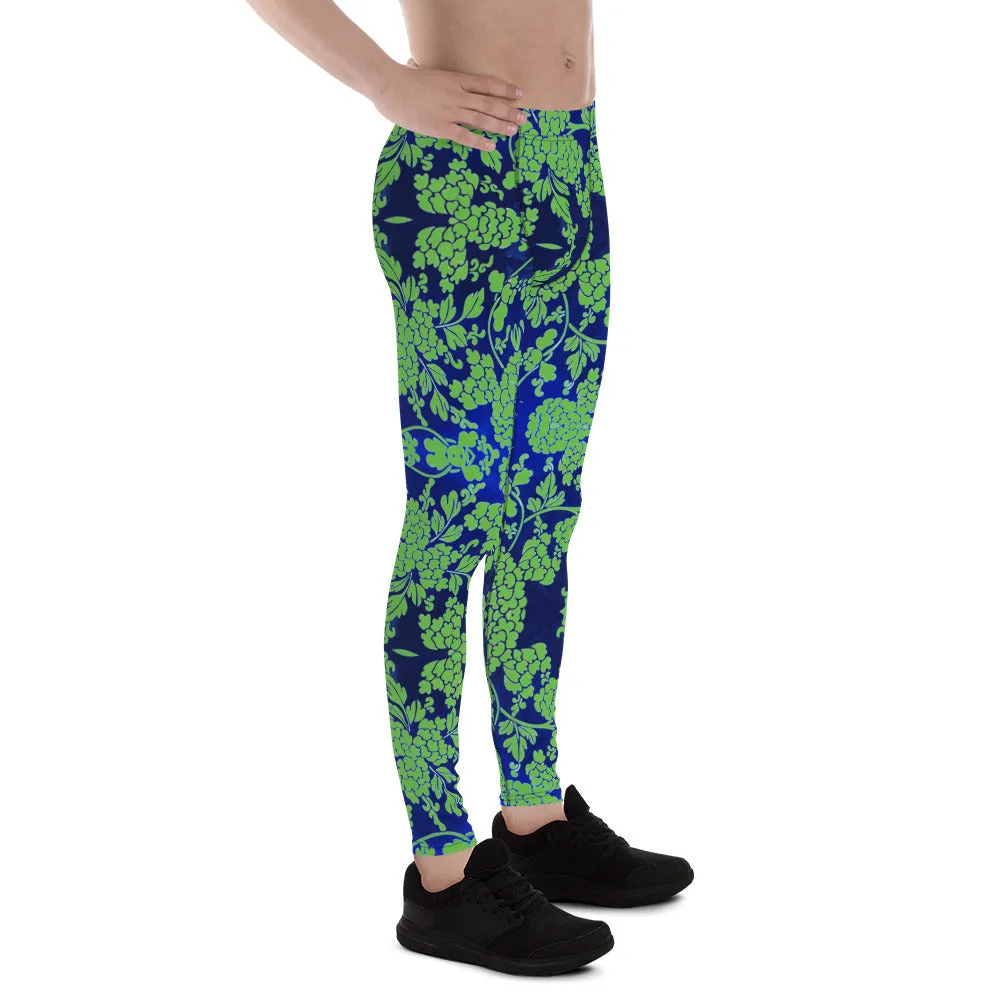 Green Blue Floral Print Megegings, Best Blue and Green Oriental Style Floral Print Meggings Compression Tights - Made in USA/EU/MX