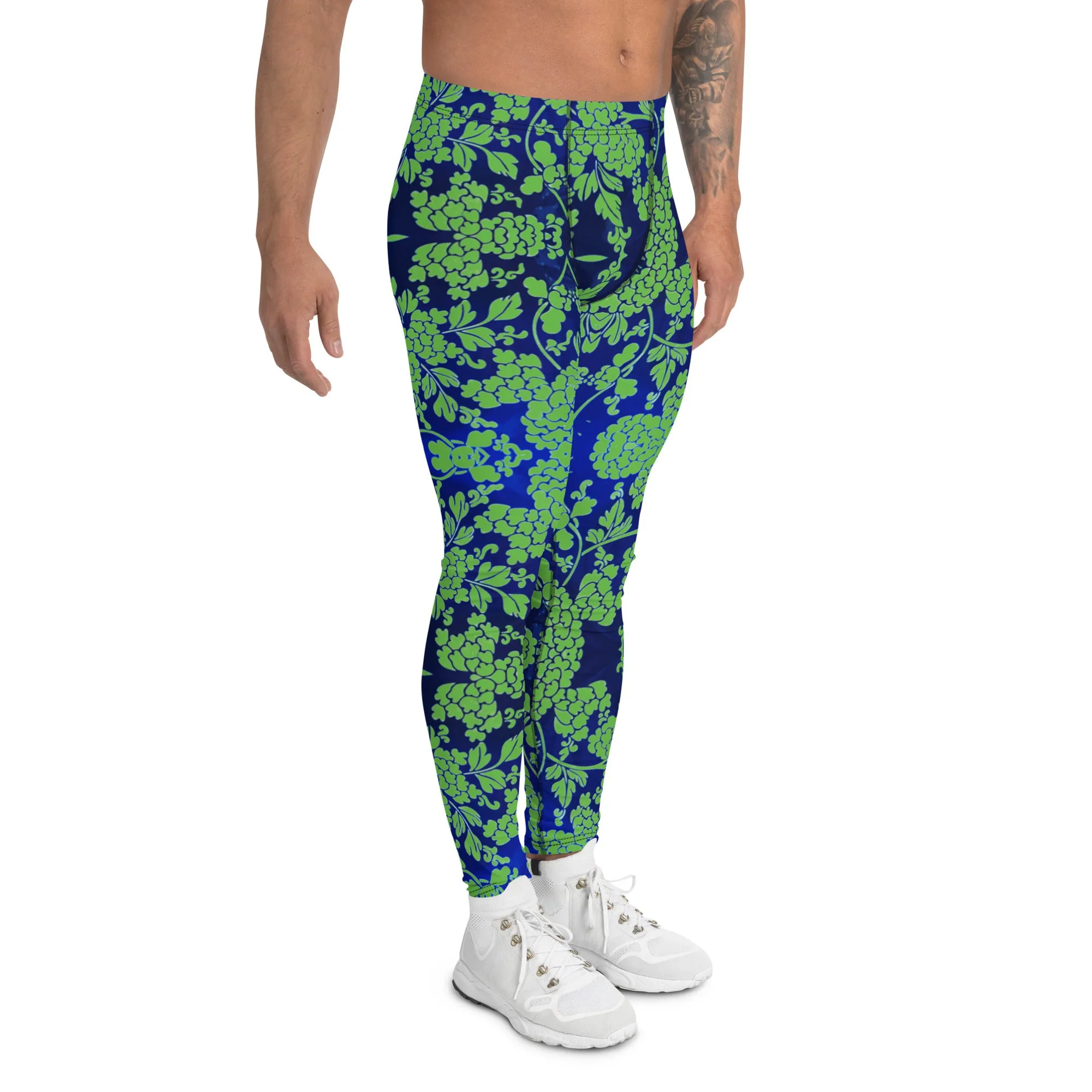 Green Blue Floral Print Megegings, Best Blue and Green Oriental Style Floral Print Meggings Compression Tights - Made in USA/EU/MX