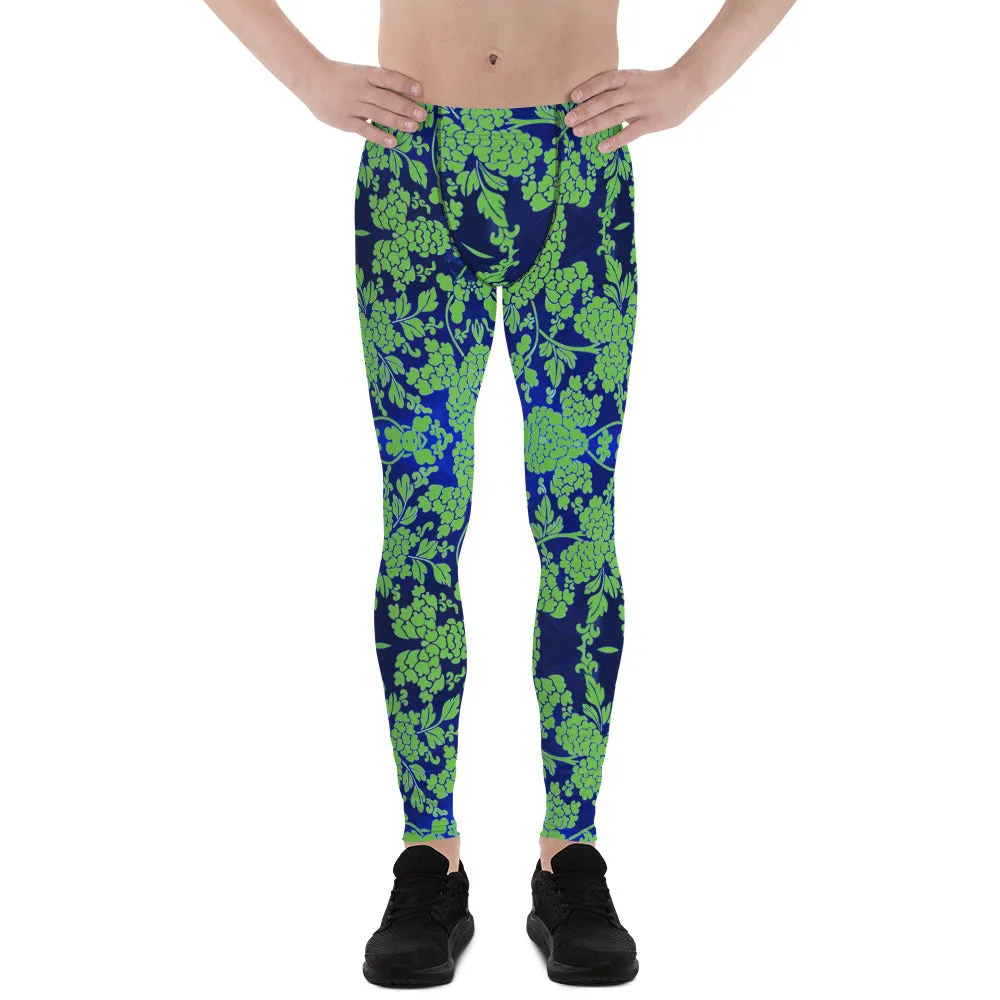 Green Blue Floral Print Megegings, Best Blue and Green Oriental Style Floral Print Meggings Compression Tights - Made in USA/EU/MX