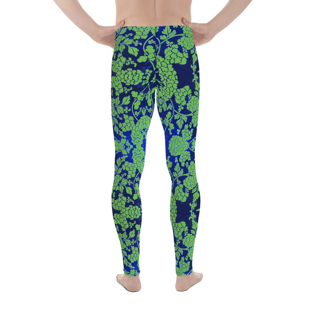 Green Blue Floral Print Megegings, Best Blue and Green Oriental Style Floral Print Meggings Compression Tights - Made in USA/EU/MX