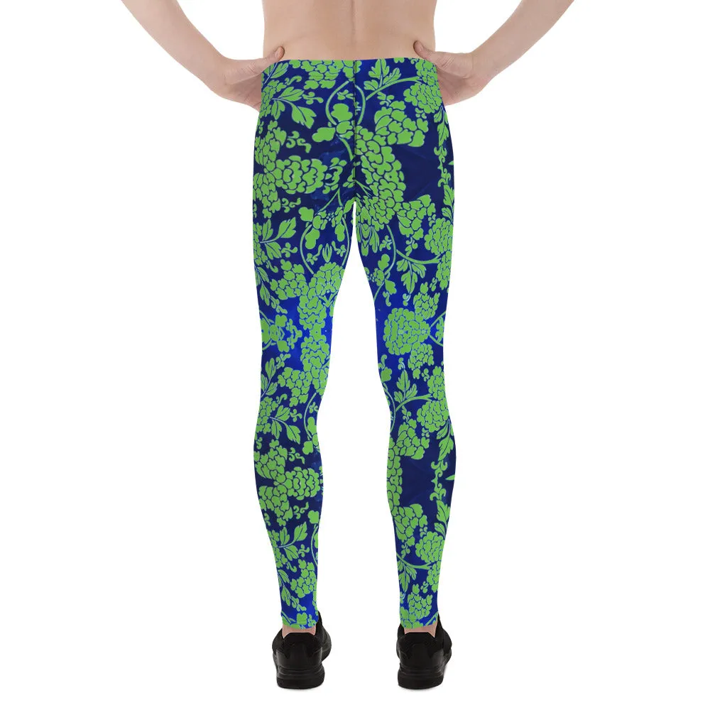 Green Blue Floral Print Megegings, Best Blue and Green Oriental Style Floral Print Meggings Compression Tights - Made in USA/EU/MX