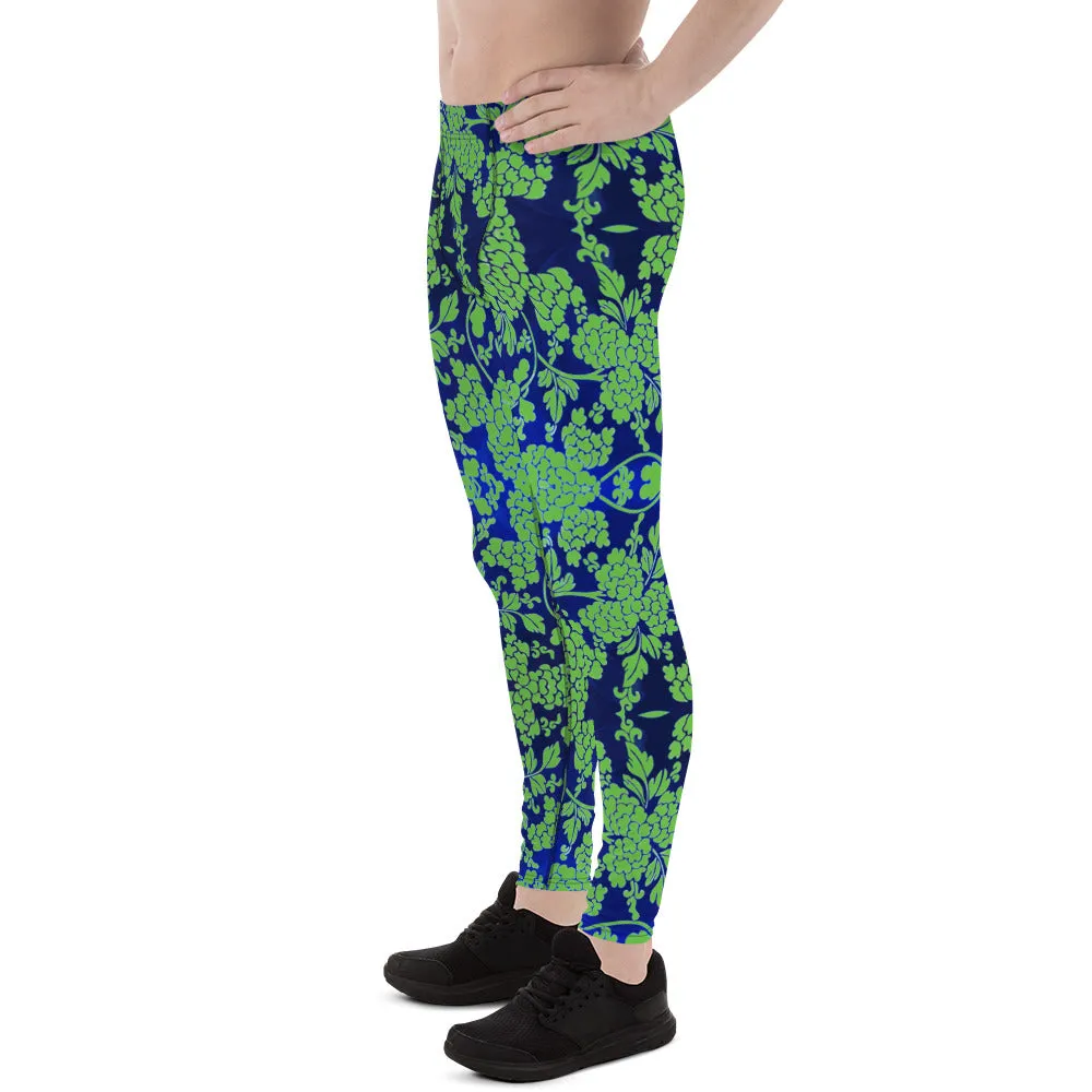 Green Blue Floral Print Megegings, Best Blue and Green Oriental Style Floral Print Meggings Compression Tights - Made in USA/EU/MX