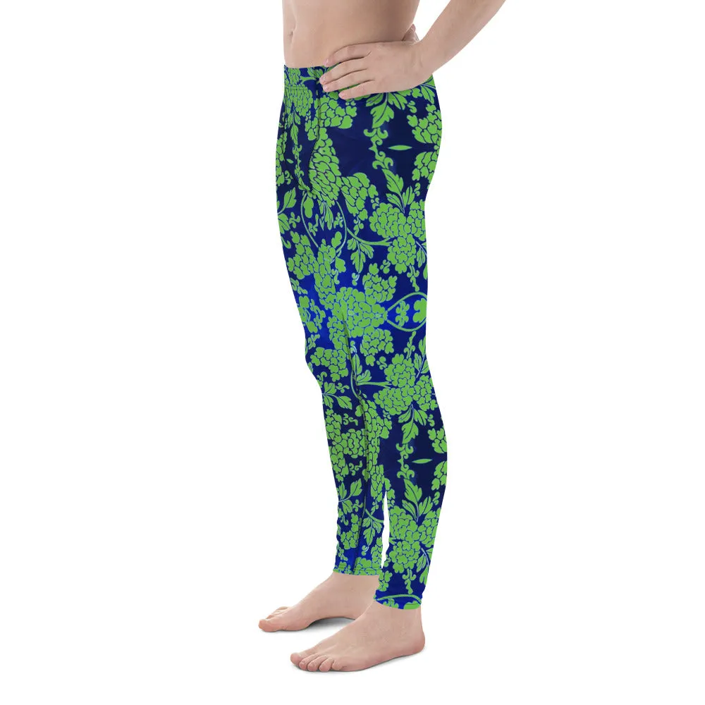Green Blue Floral Print Megegings, Best Blue and Green Oriental Style Floral Print Meggings Compression Tights - Made in USA/EU/MX