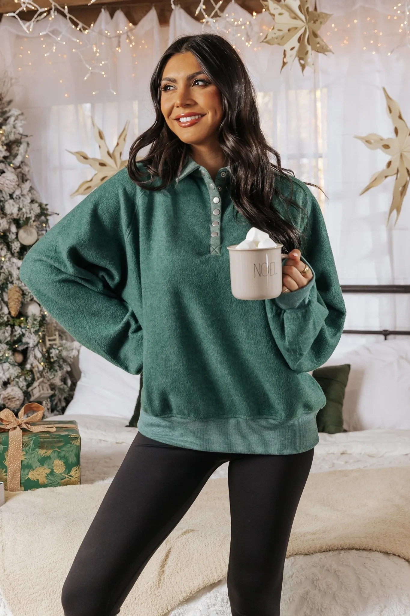 Green Brushed Button Up Pullover