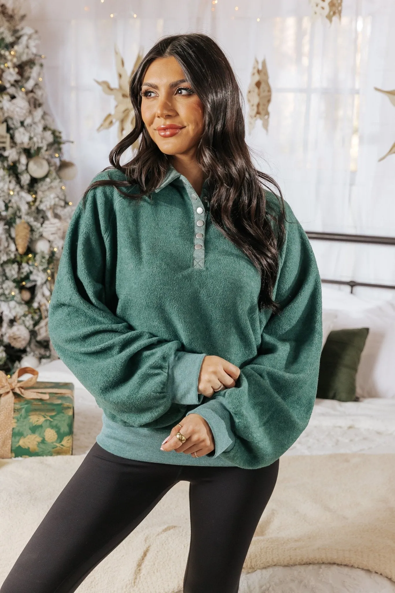 Green Brushed Button Up Pullover