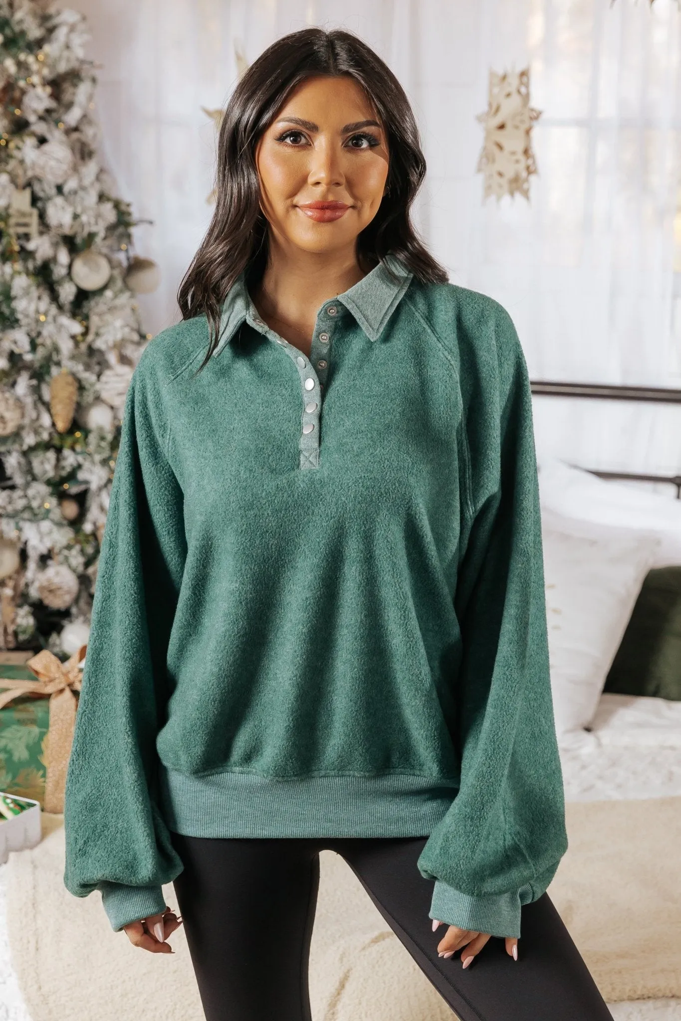 Green Brushed Button Up Pullover