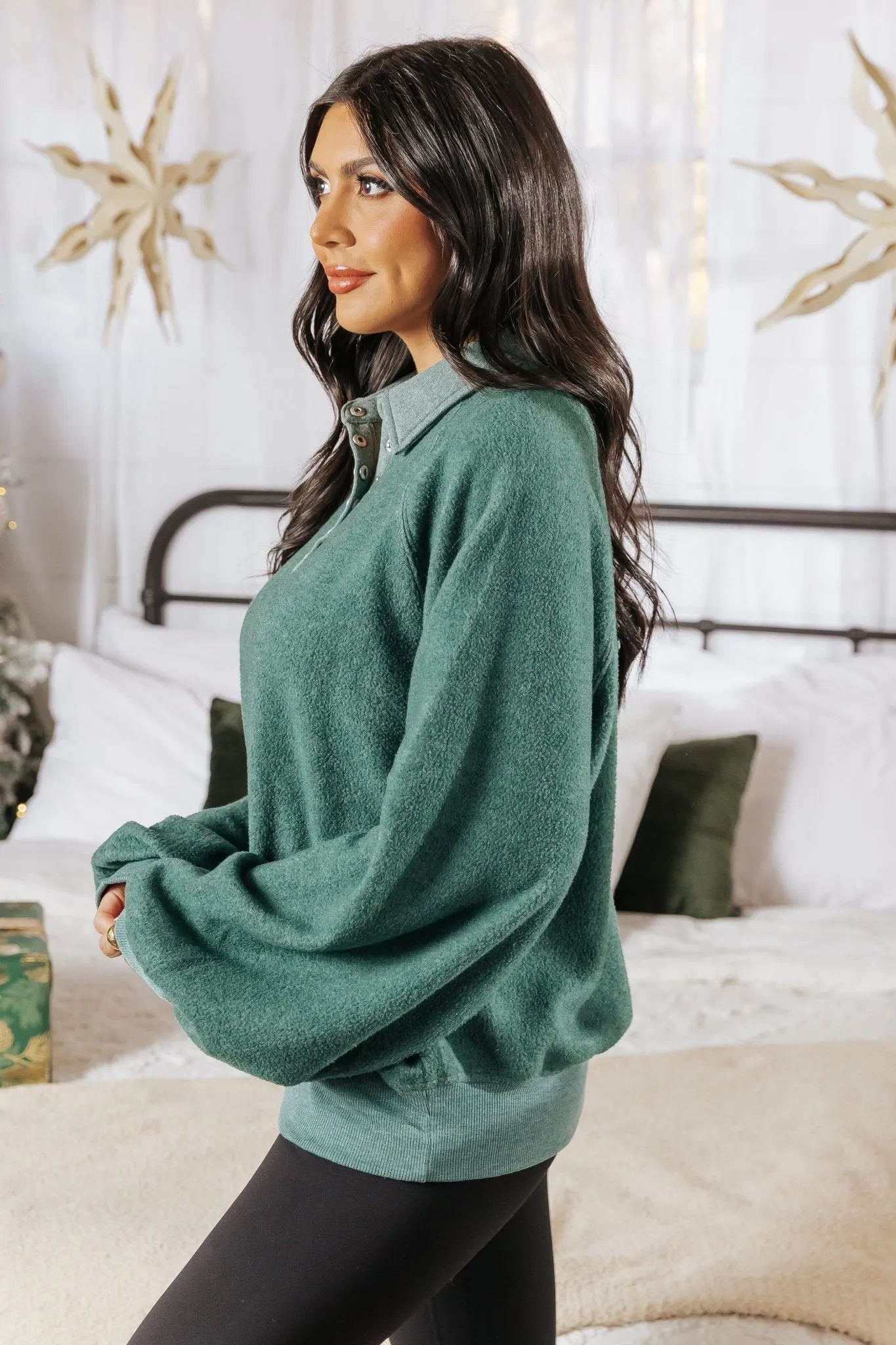 Green Brushed Button Up Pullover