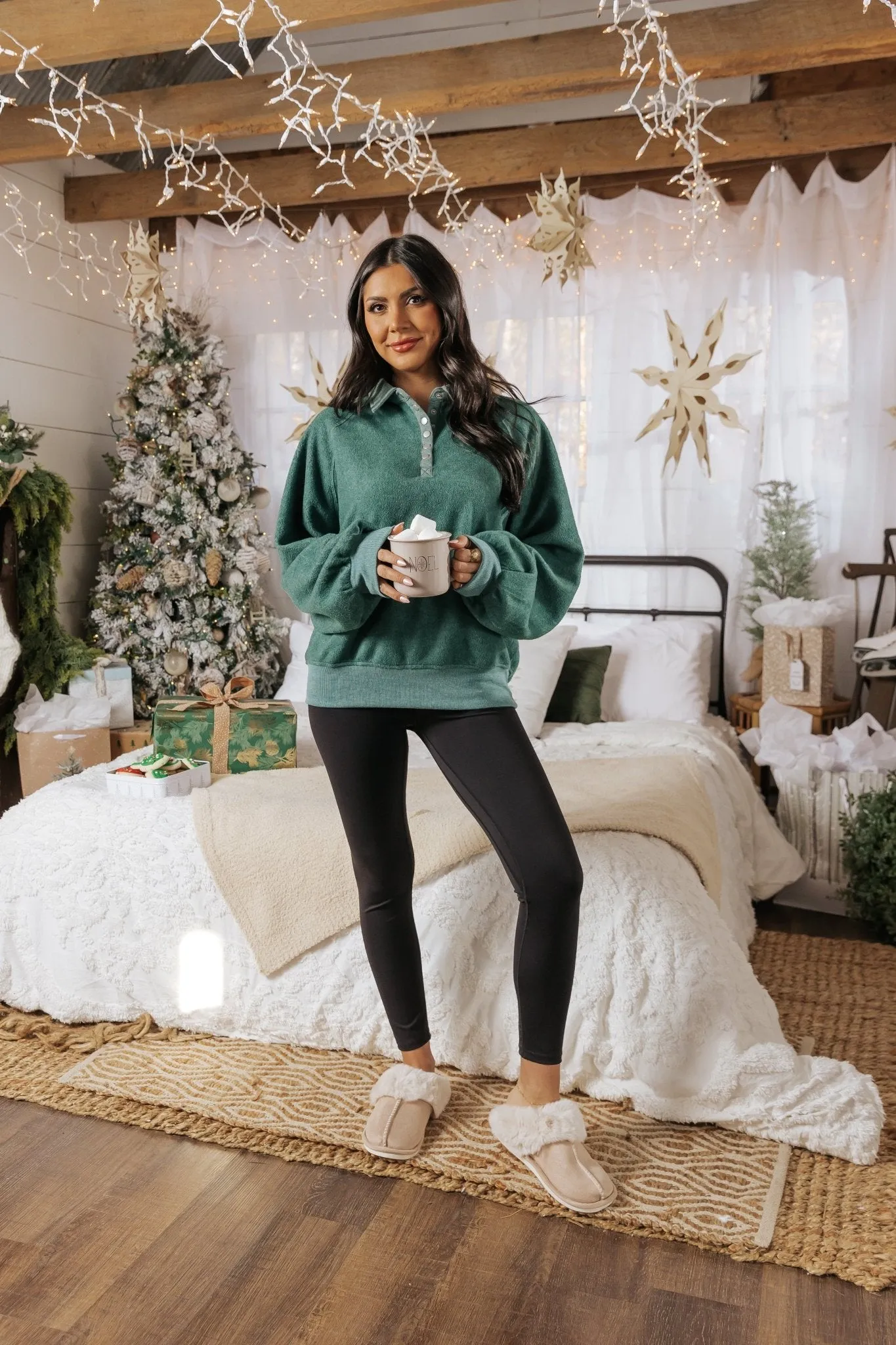 Green Brushed Button Up Pullover