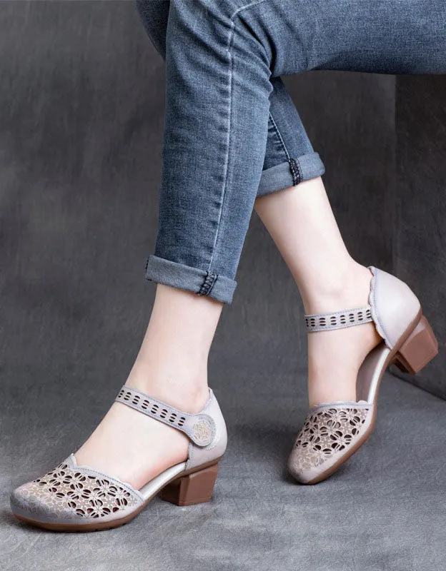 Handmade Hollow Retro Chunky Heels Sandals