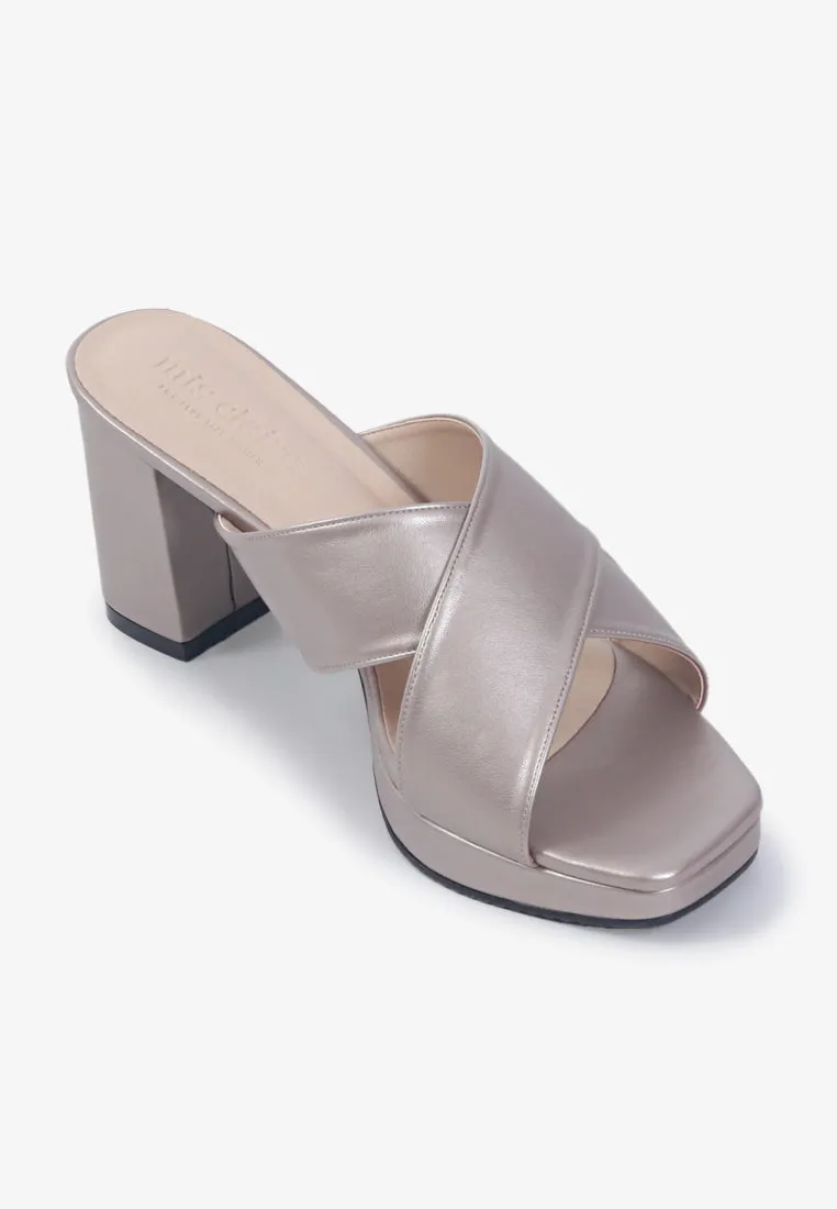 Heather Cross Strap Chunky High Heels - Metallic Gold