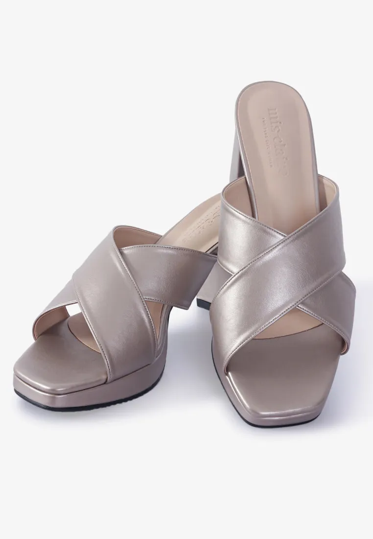 Heather Cross Strap Chunky High Heels - Metallic Gold