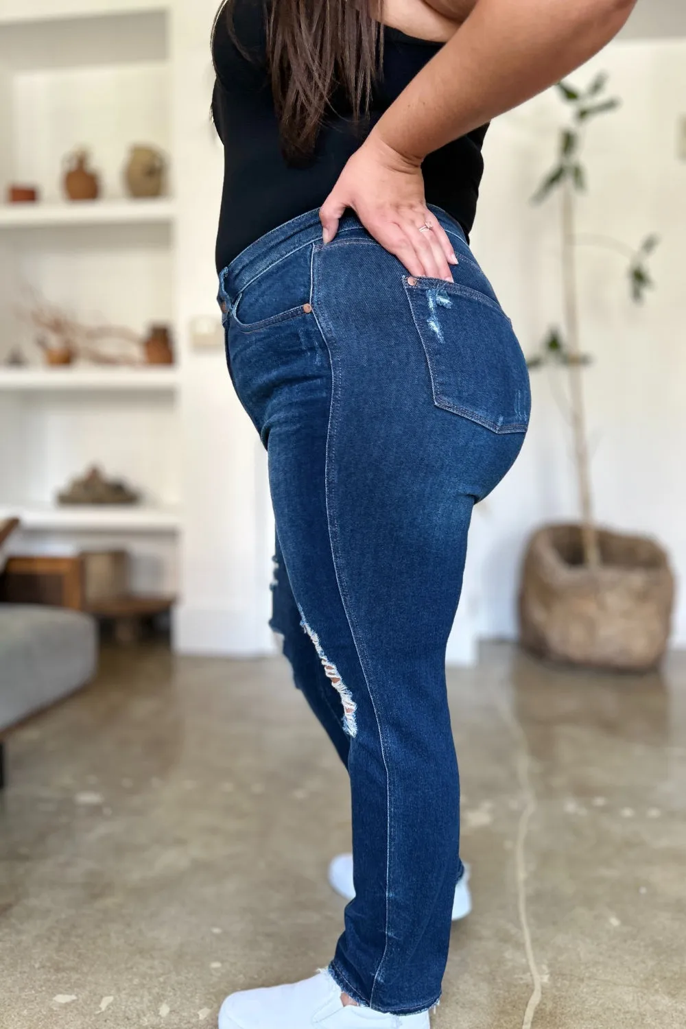 Judy Blue Full Size High Waist Rigid Magic Heavy Destroy Straight Denim Jeans