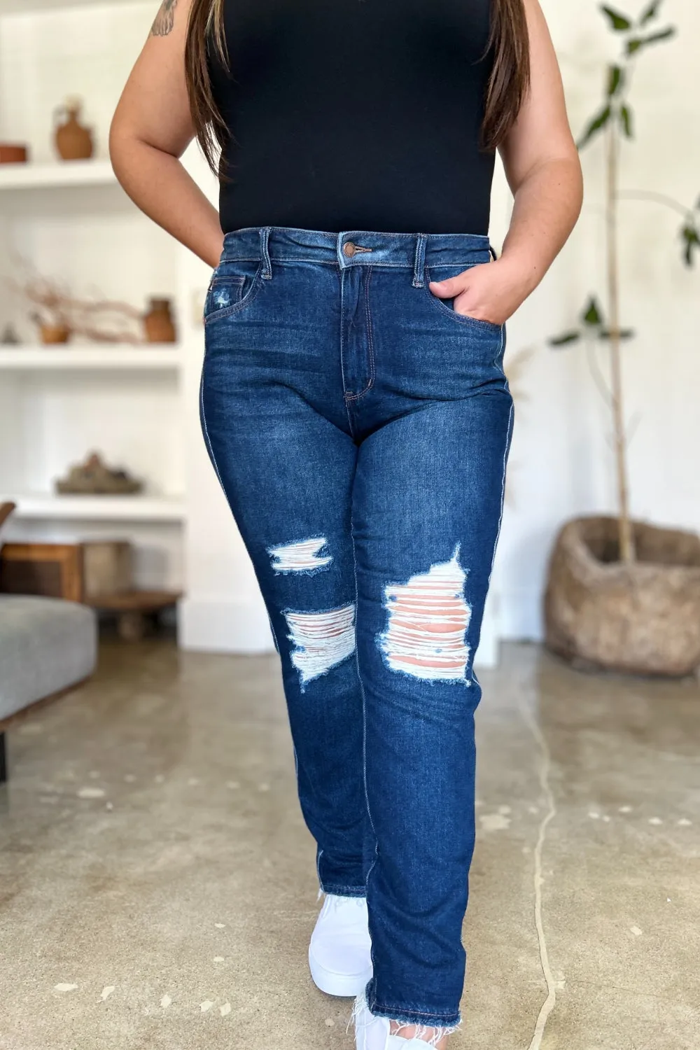 Judy Blue Full Size High Waist Rigid Magic Heavy Destroy Straight Denim Jeans