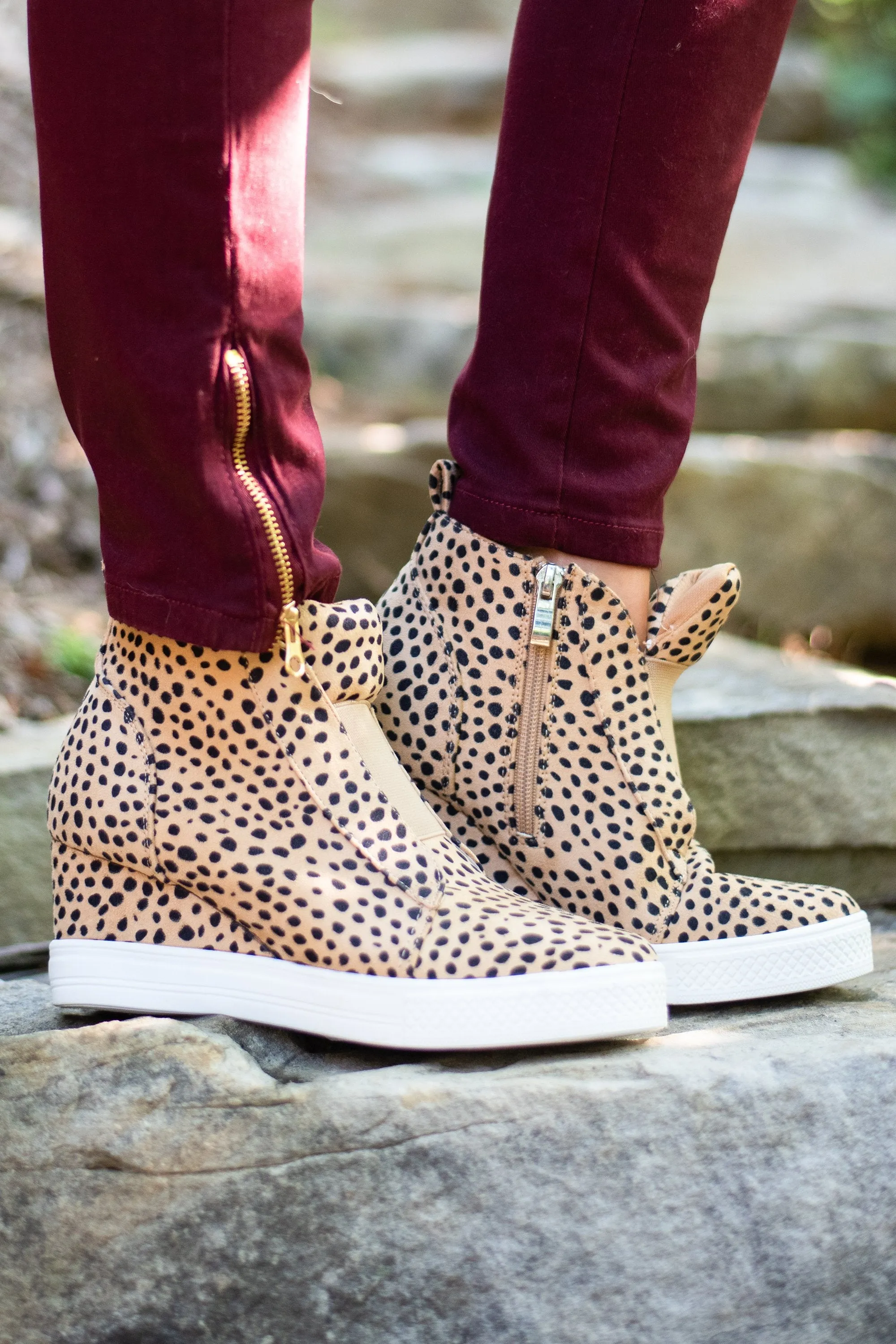 Known By All Camel Cheetah Wedge Sneakers