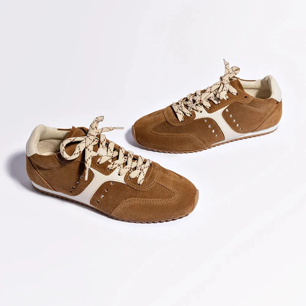 Larroude Stella Sneaker In Russet Suede and Ivory Leather