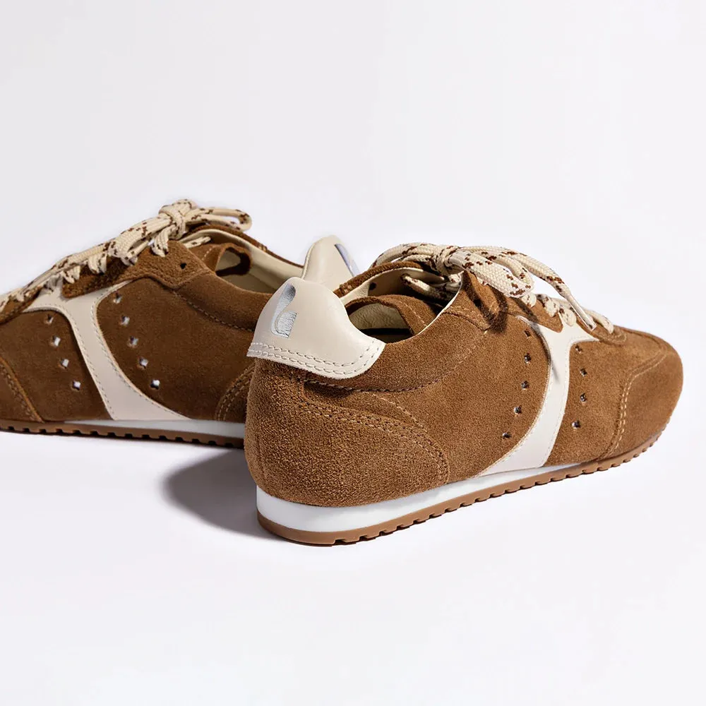 Larroude Stella Sneaker In Russet Suede and Ivory Leather