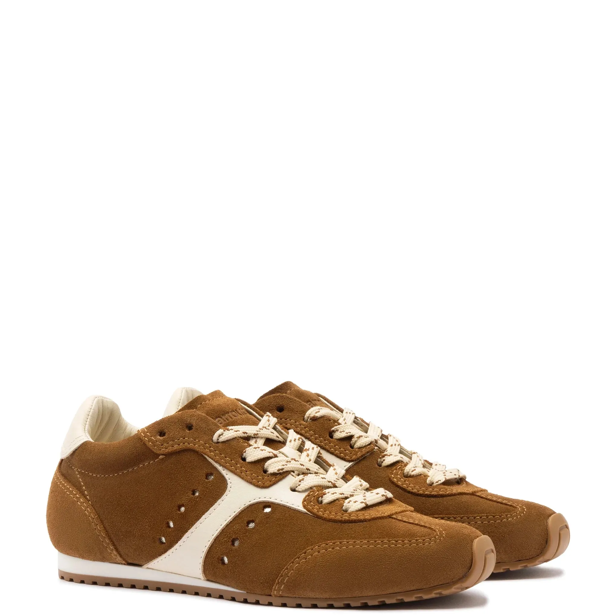 Larroude Stella Sneaker In Russet Suede and Ivory Leather