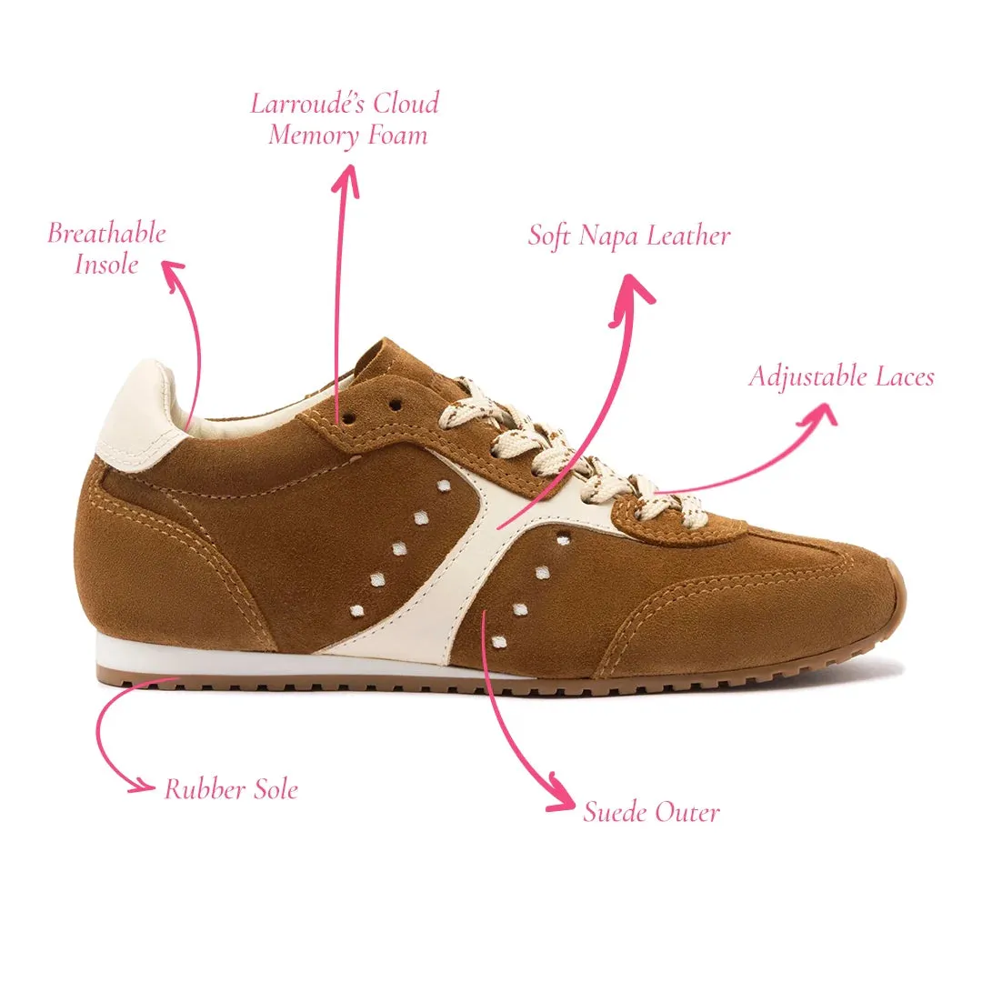 Larroude Stella Sneaker In Russet Suede and Ivory Leather