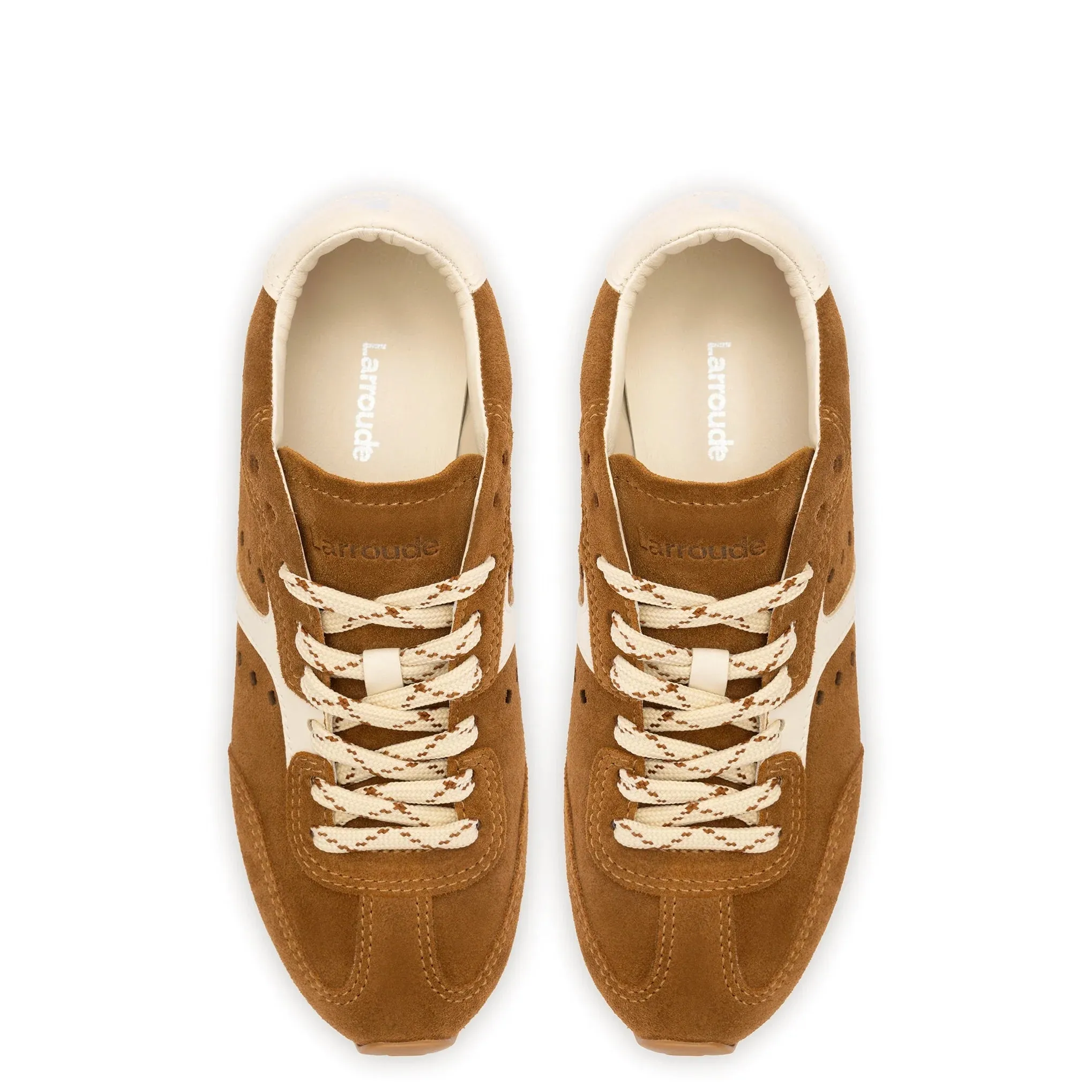 Larroude Stella Sneaker In Russet Suede and Ivory Leather