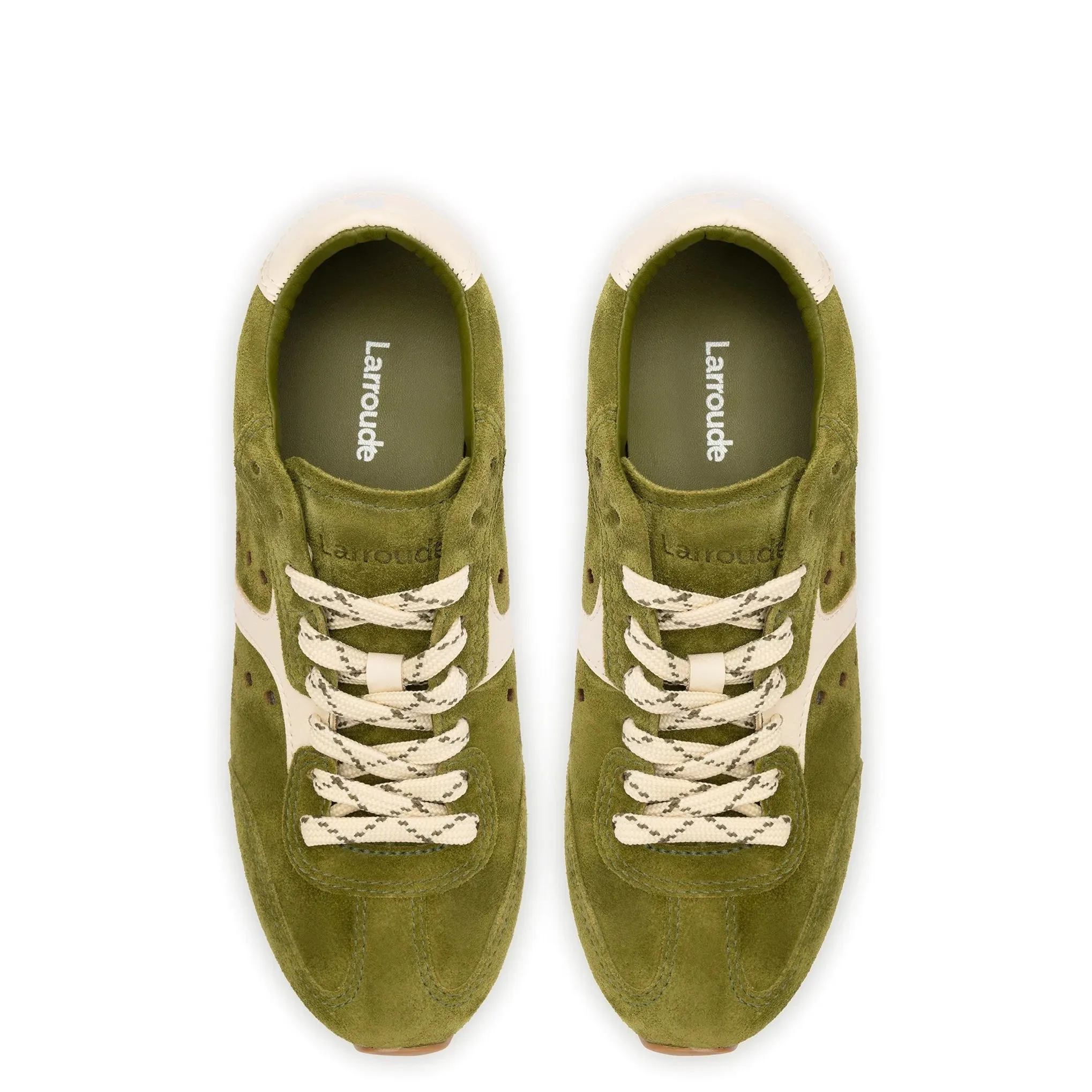 Larroude Stella Sneaker In Seaweed Suede and Ivory Leather