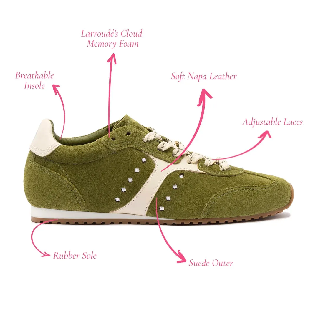 Larroude Stella Sneaker In Seaweed Suede and Ivory Leather