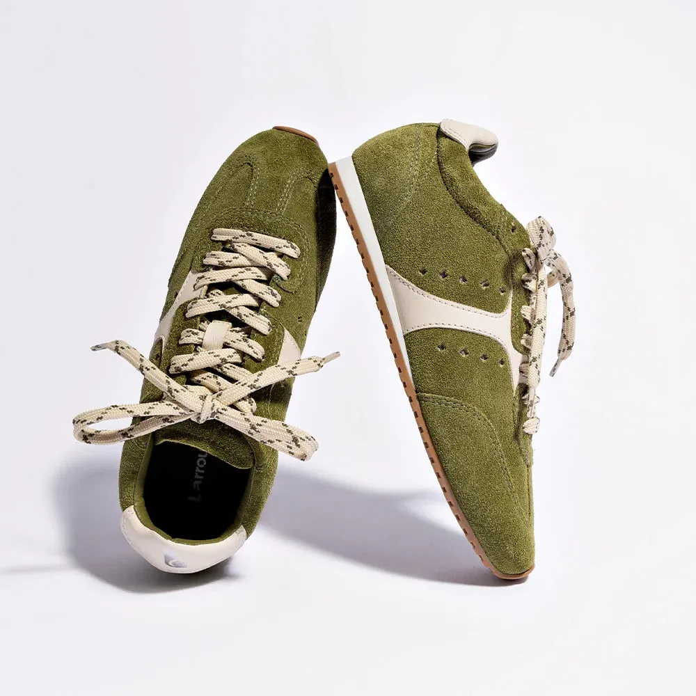 Larroude Stella Sneaker In Seaweed Suede and Ivory Leather