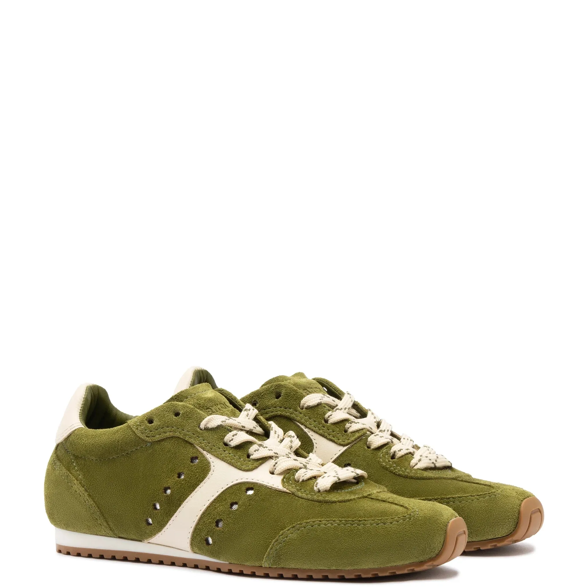 Larroude Stella Sneaker In Seaweed Suede and Ivory Leather