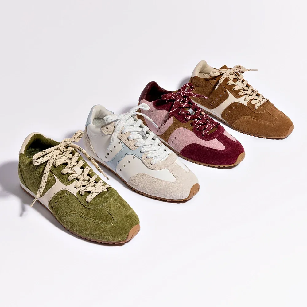 Larroude Stella Sneaker In Seaweed Suede and Ivory Leather