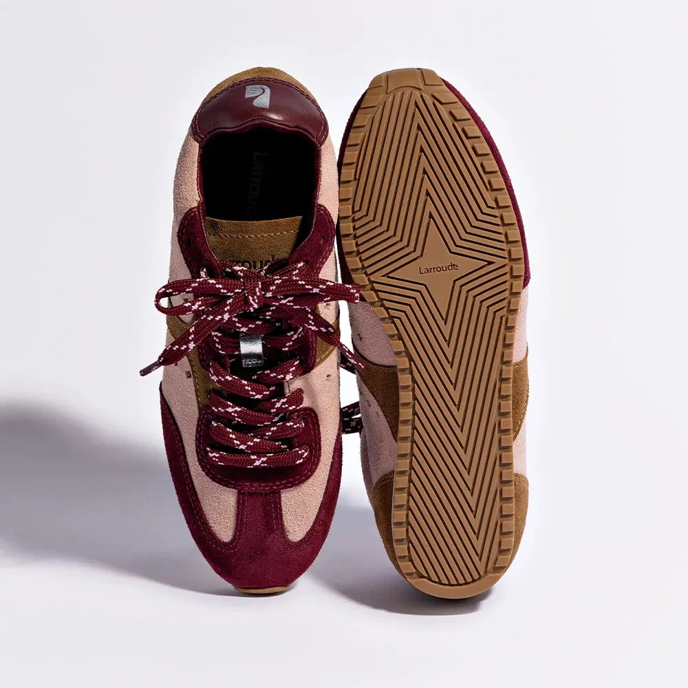 Larroude Stella Sneaker In Tulip, Russet and Wine Suede