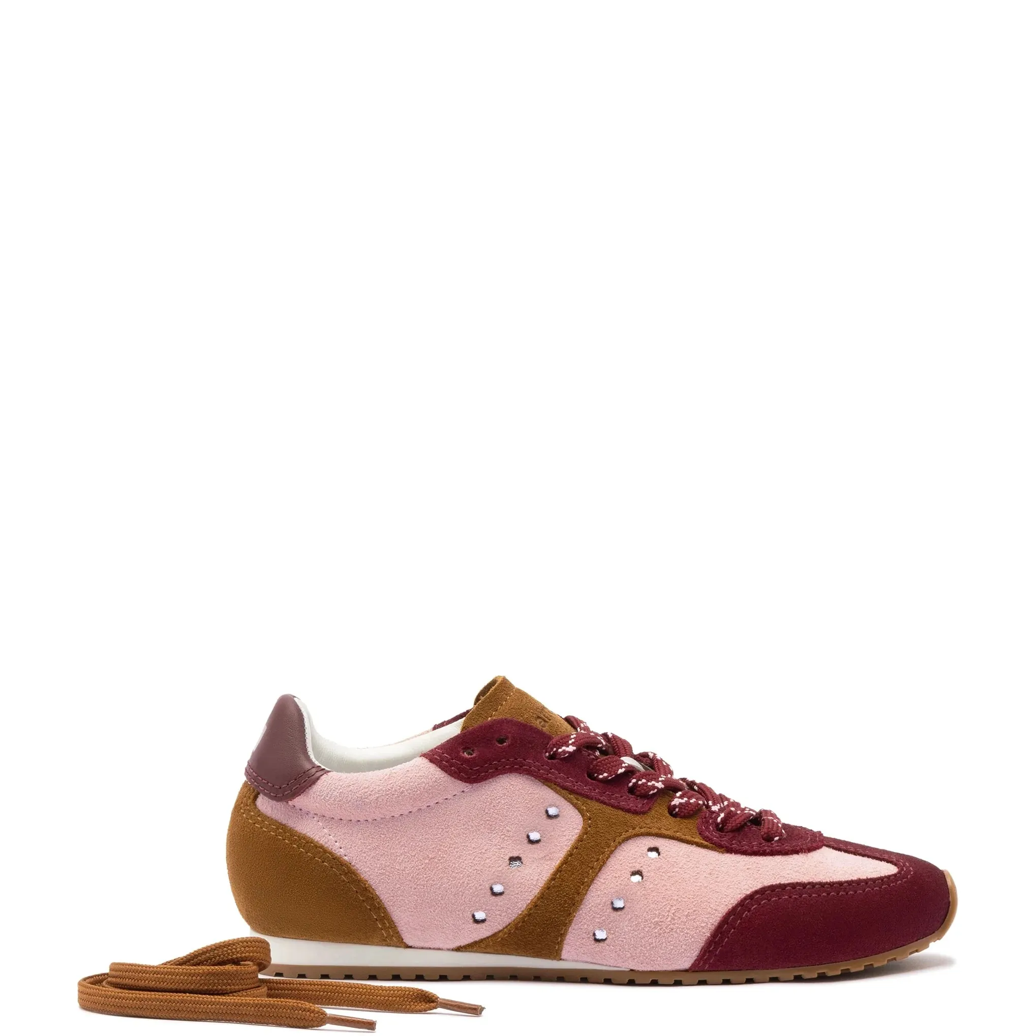 Larroude Stella Sneaker In Tulip, Russet and Wine Suede