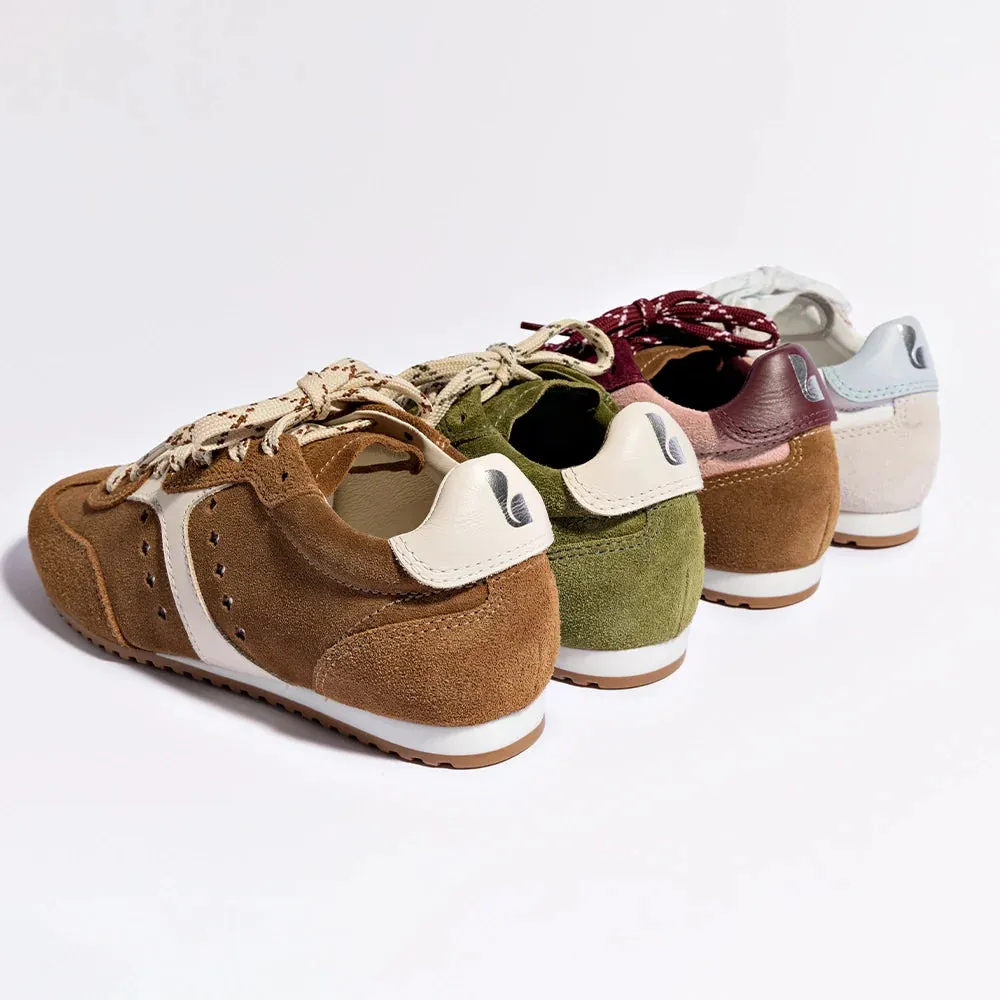 Larroude Stella Sneaker In Tulip, Russet and Wine Suede