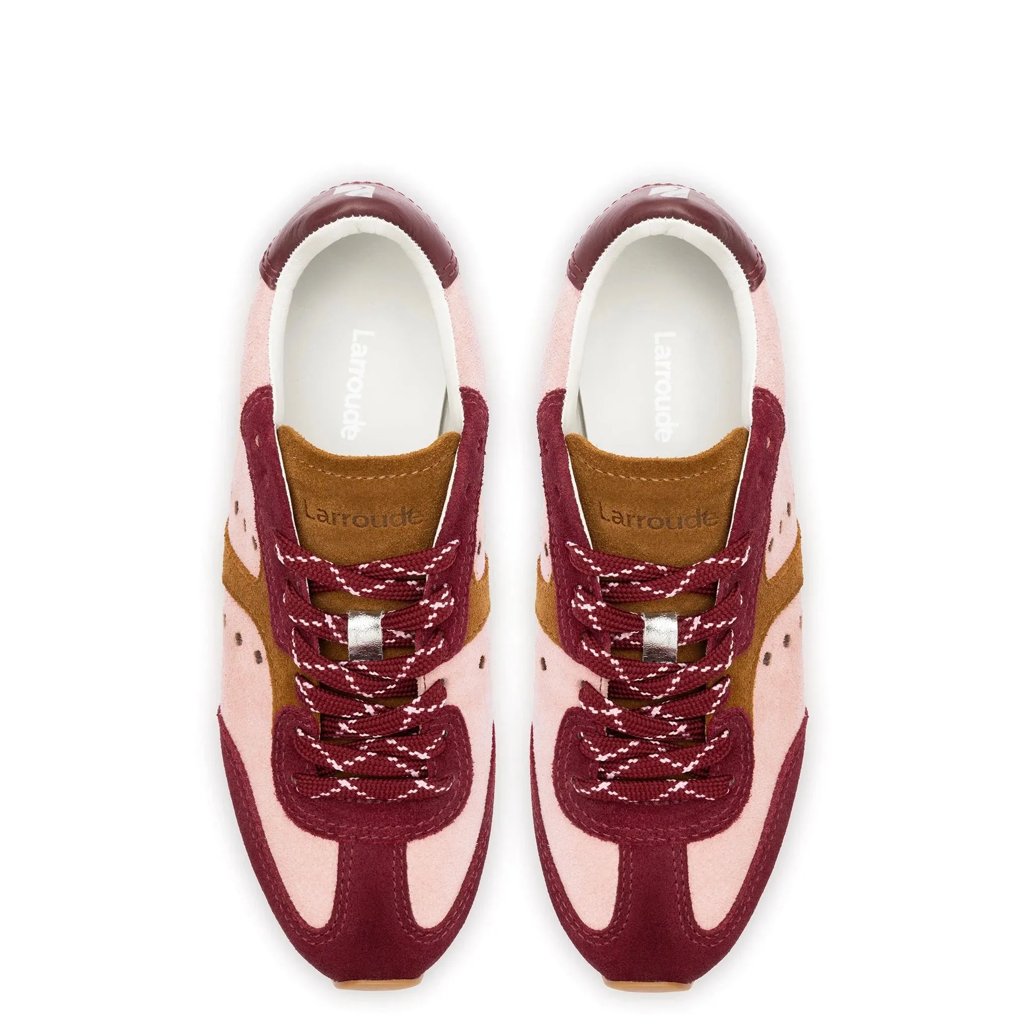 Larroude Stella Sneaker In Tulip, Russet and Wine Suede