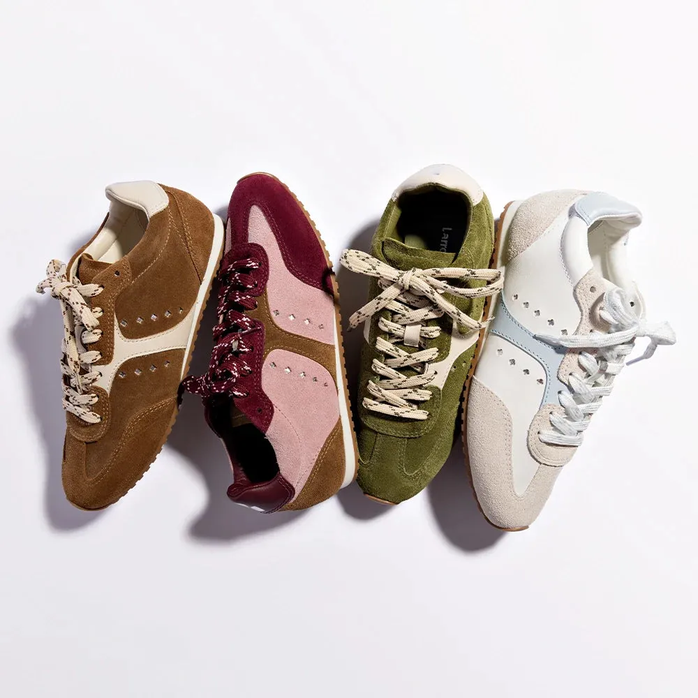 Larroude Stella Sneaker In Tulip, Russet and Wine Suede