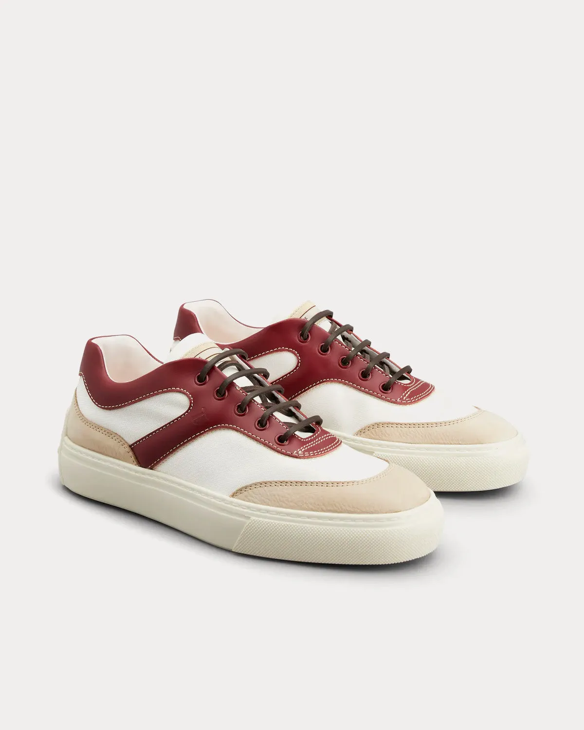 Leather & Fabric White / Off White / Burgundy Low Top Sneakers