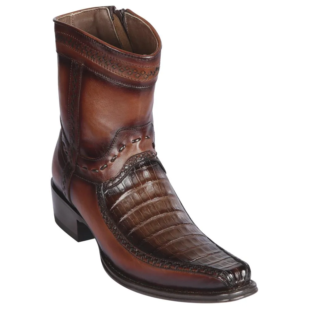 Los Altos Boots Mens #76BF8216 Low Shaft European Square Toe | Genuine Caiman Belly and Deer Leather Boots | Color Faded Brown