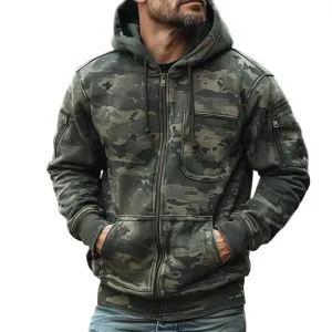 Men's Camouflage Print Chest Pocket Hooded Sweatshirt Jacket 55874843Y