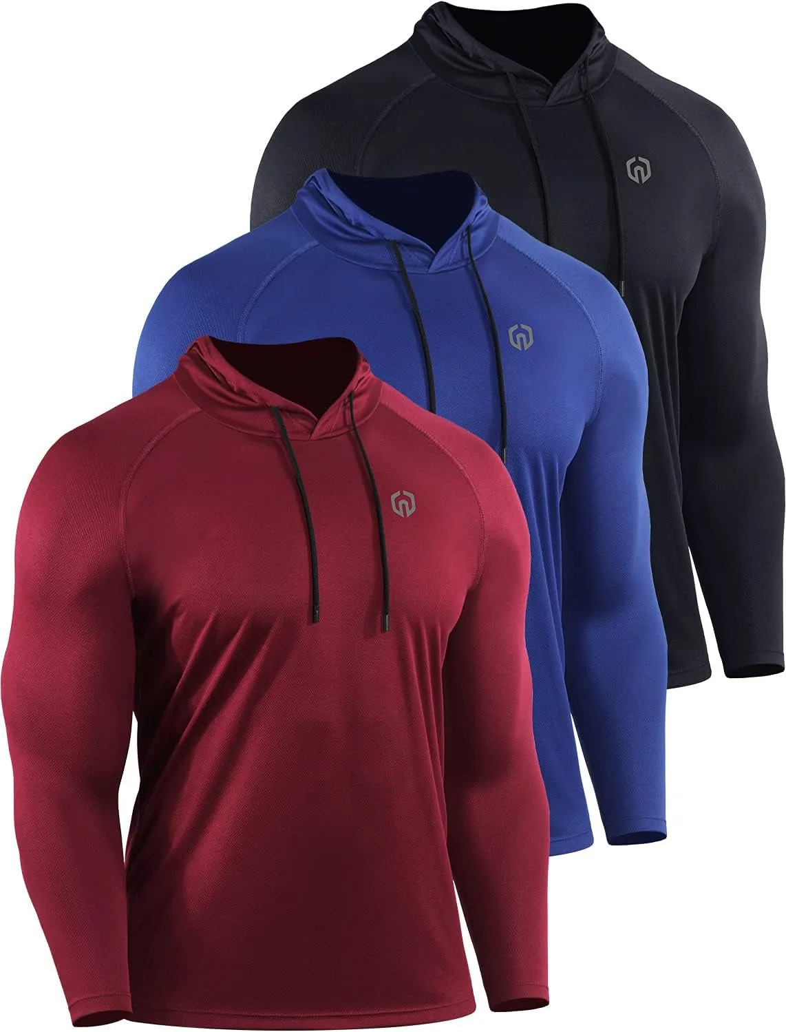NELEUS Men'S 3 Pack Mesh Running Shirt Long Sleeve Workout Athletic Shirts with Hoods,5095,Black/Red/Blue,L