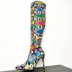 Party Snakeskin Point Toe Knee High Boots
