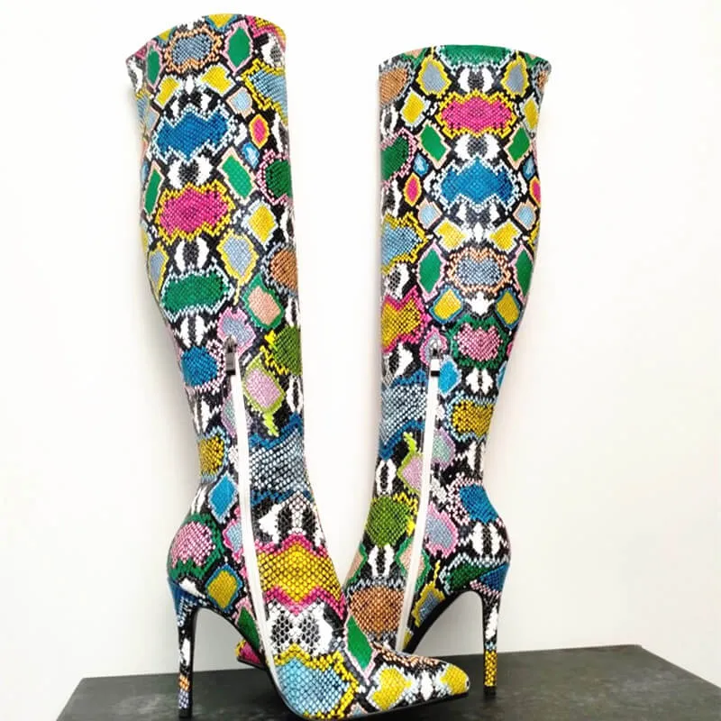 Party Snakeskin Point Toe Knee High Boots