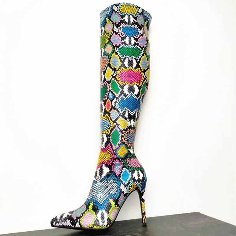 Party Snakeskin Point Toe Knee High Boots