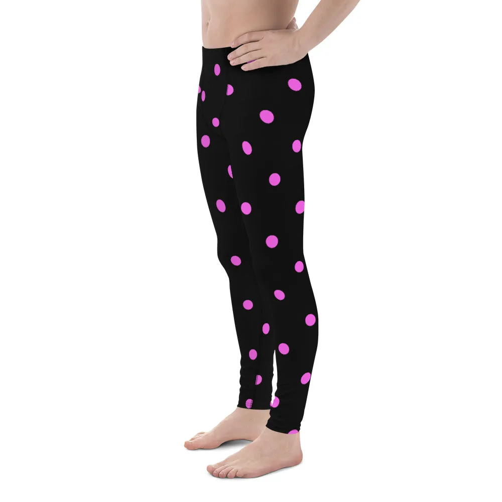 Pink Black Cute Polka Dots Print Men's Leggings Compression Tights-Made in USA/EU