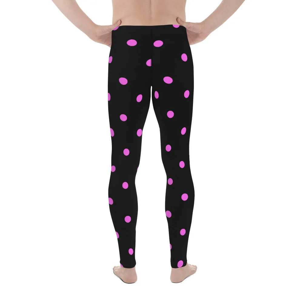 Pink Black Cute Polka Dots Print Men's Leggings Compression Tights-Made in USA/EU