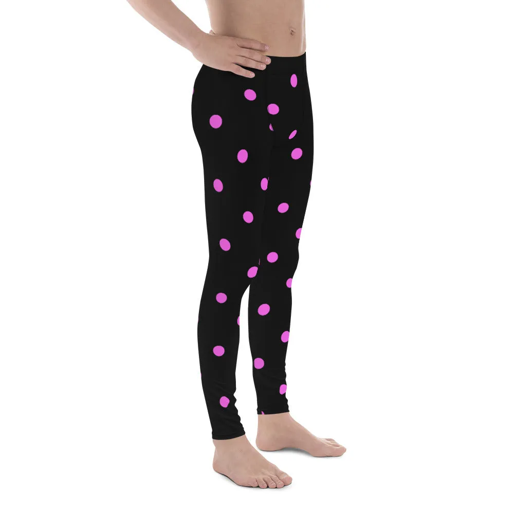 Pink Black Cute Polka Dots Print Men's Leggings Compression Tights-Made in USA/EU
