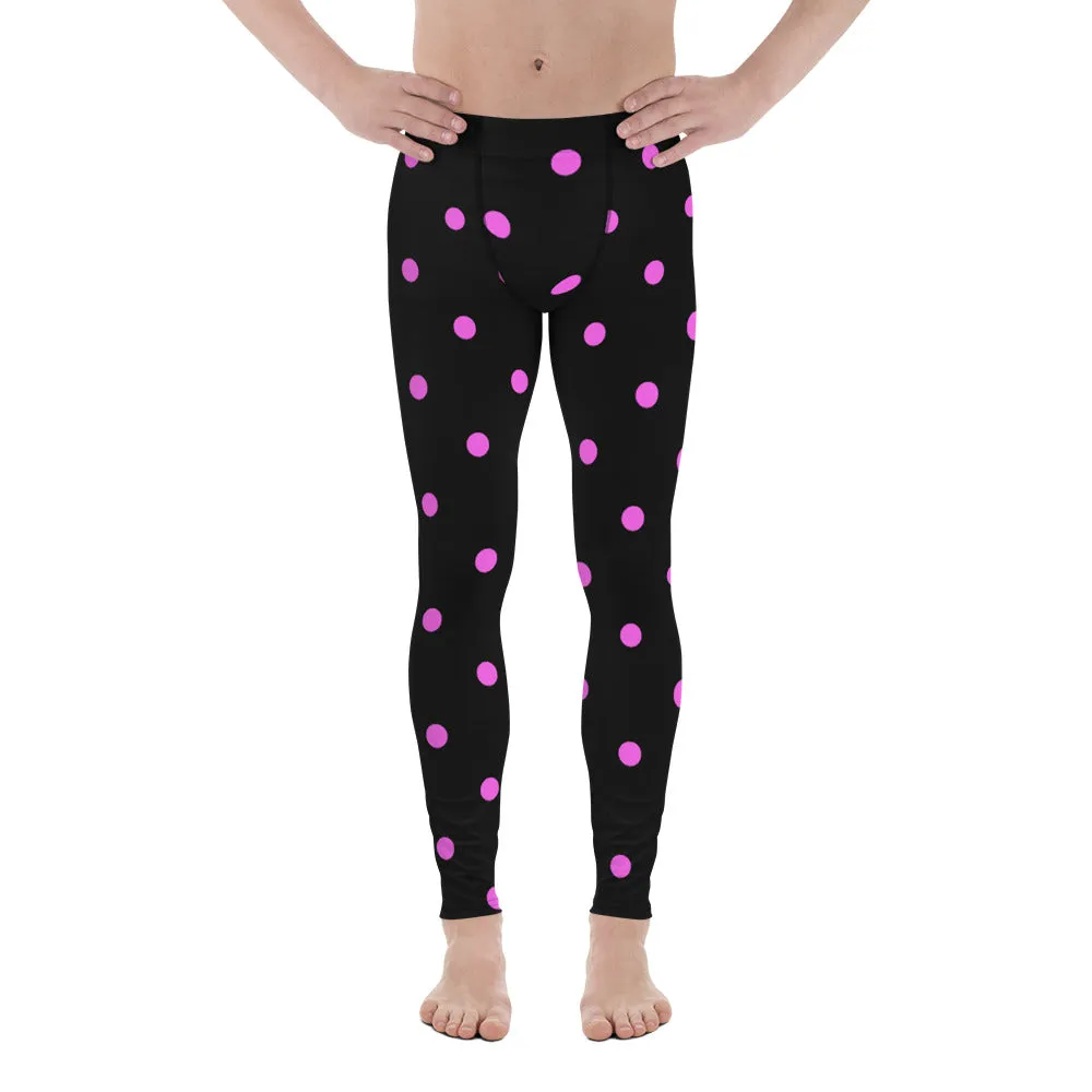 Pink Black Cute Polka Dots Print Men's Leggings Compression Tights-Made in USA/EU
