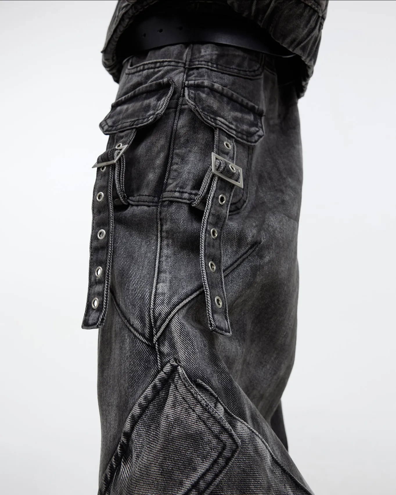 "Futuristic Edge" Heavy-Duty Distressed Wide-Leg Cargo Pants