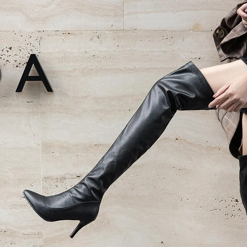 Snakeskin Leather High Heel Over Knee Boots
